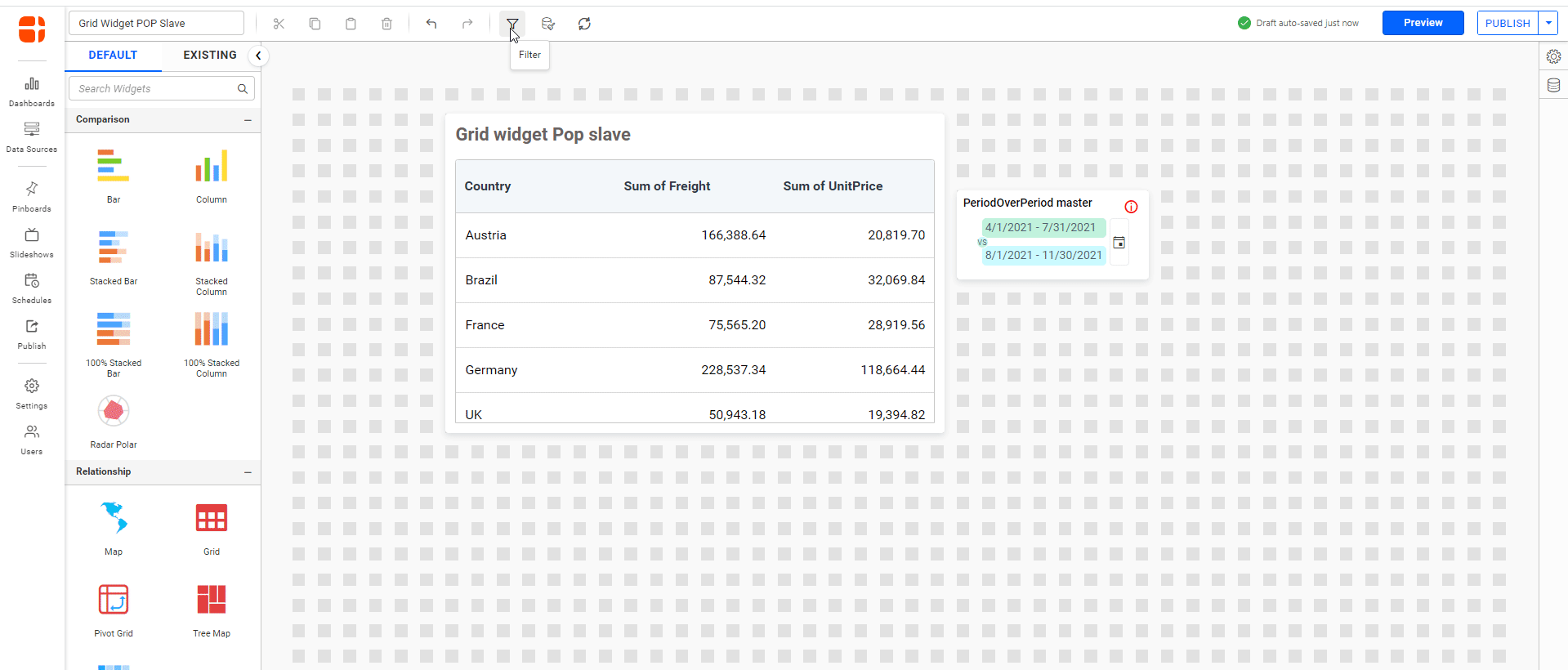 POP filtering support for grid widget