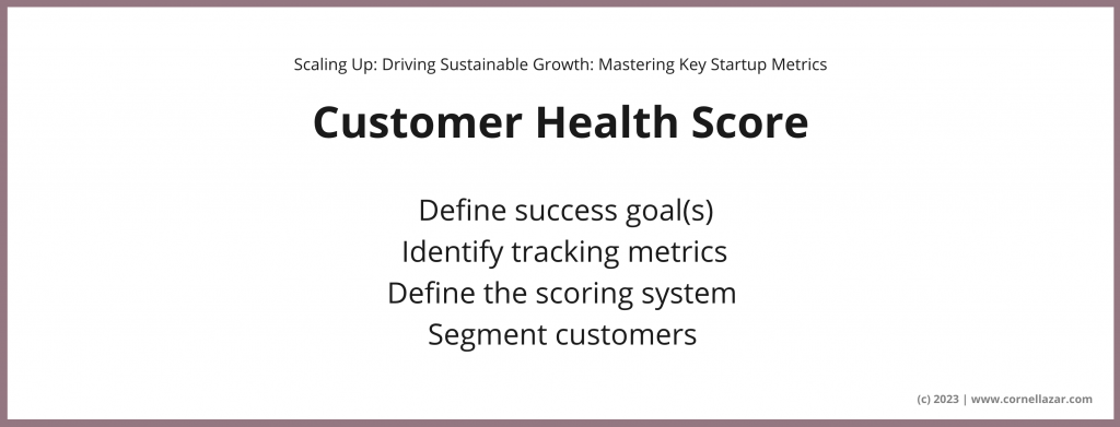 Customer health score = (1) Define success goal(s), (2) Identify tracking metrics, (3) Define the scoring system, (4) Segment customers