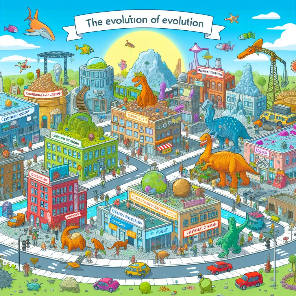 The whimsical town of evolution from the primordial soup, the Cambrian explosion, the dinosaur era, the ice age, the human civilization, and the future.