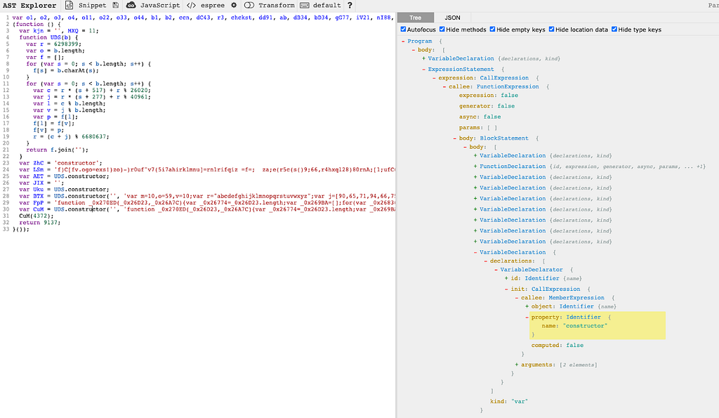 A two pane view in the AST Explorer tool. The left side shows the code and the right side shows the AST in JSON format.