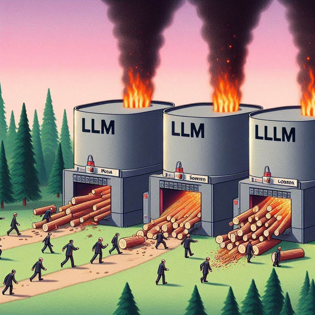 Humans (as companies) walking around the forest looking for logs (data) and throwing them into the machine (LLM) that converts logs into fire. The “LLM” is written on the machine, and the “Data” is written on the logs. The fire out of the machines are going from the top.