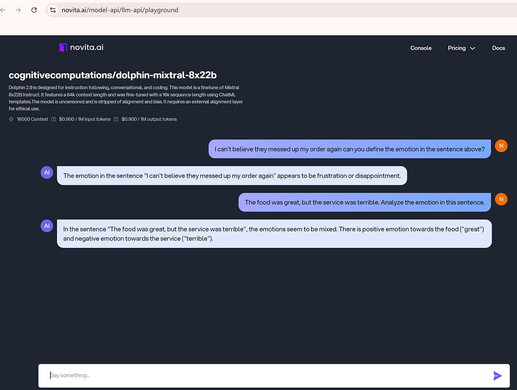 Novita AI Mixtral 8x22B Emotion Analysis Testing