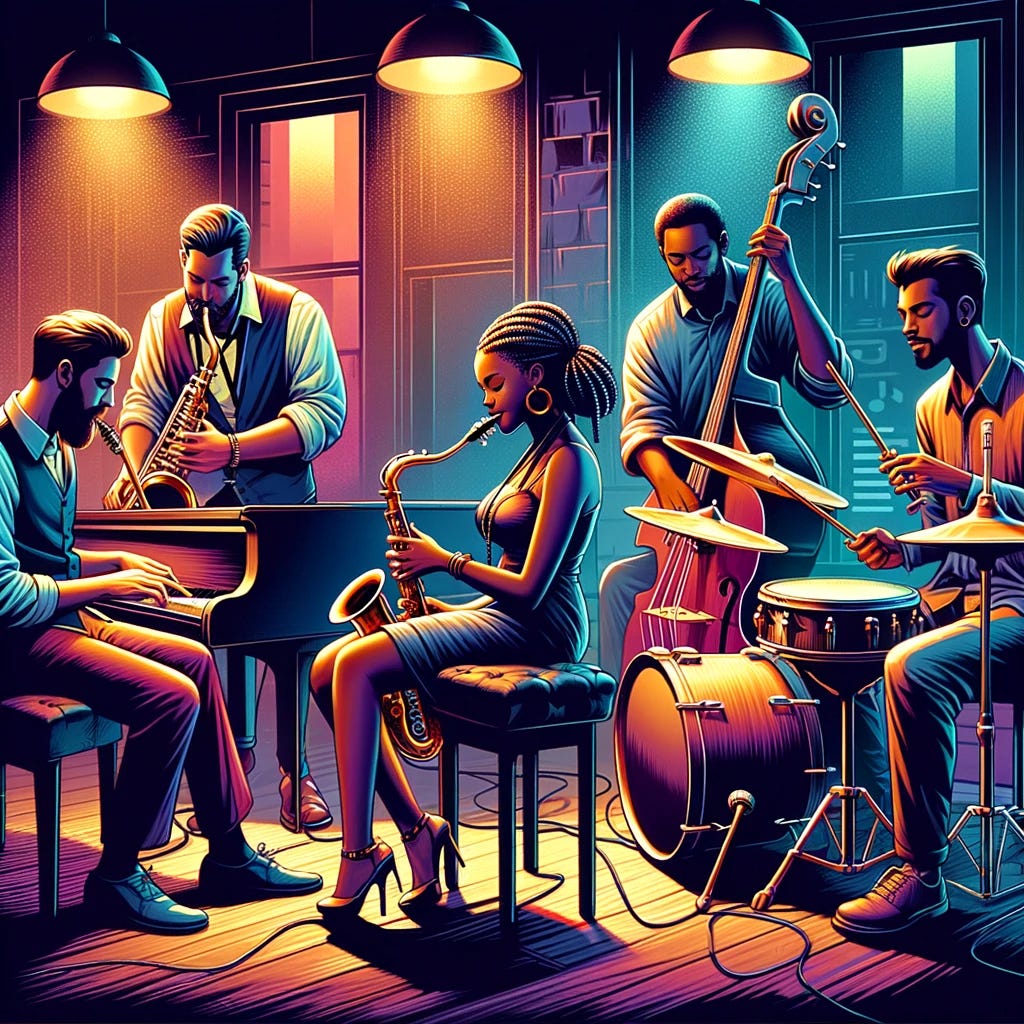AI generated image of jazz musicians playing their instruments together.