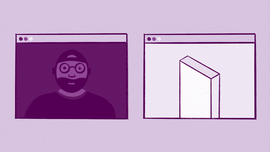 Left side shows a Zoom screen with Timothy’s face shaded and difficult to see; right side shows a white rectangle in a Zoom screen brightly lit.