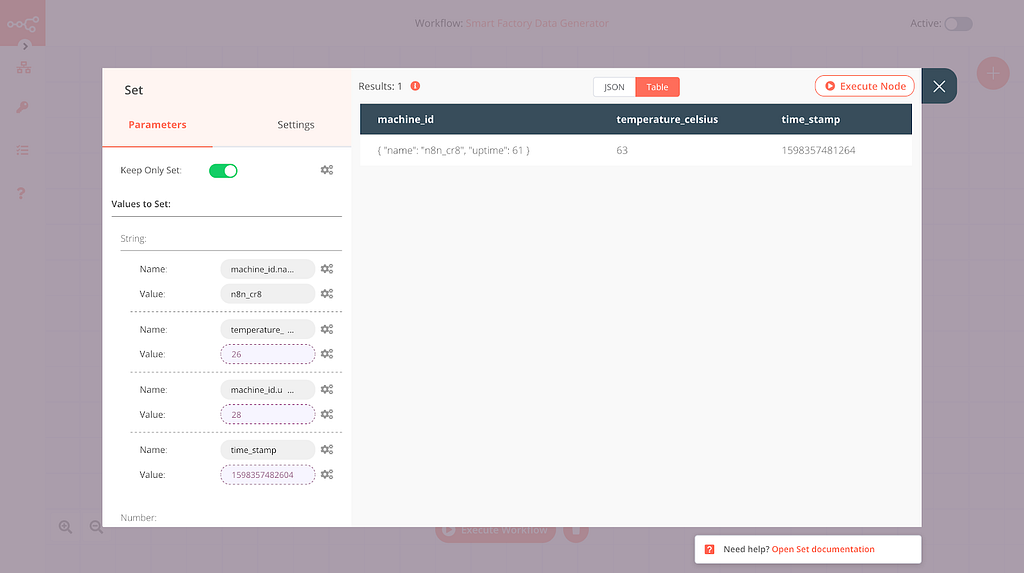 Output for the Set node