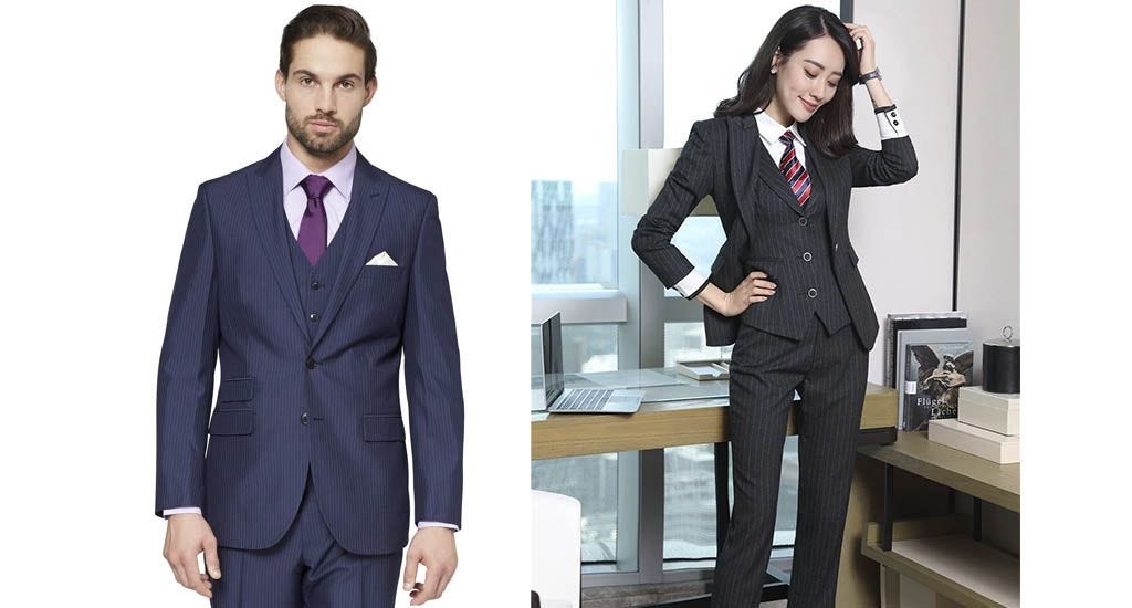 Man and woman wearing pinstripe suit ideas for Libra