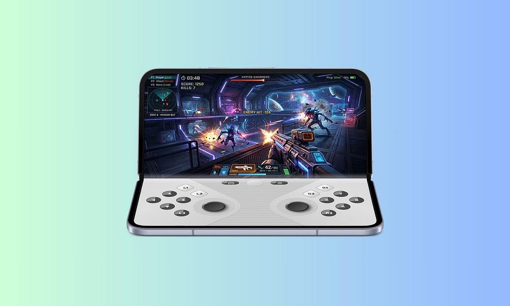 Android foldable in tabletop state with video game graphics in the upper region and game controls in the lower region