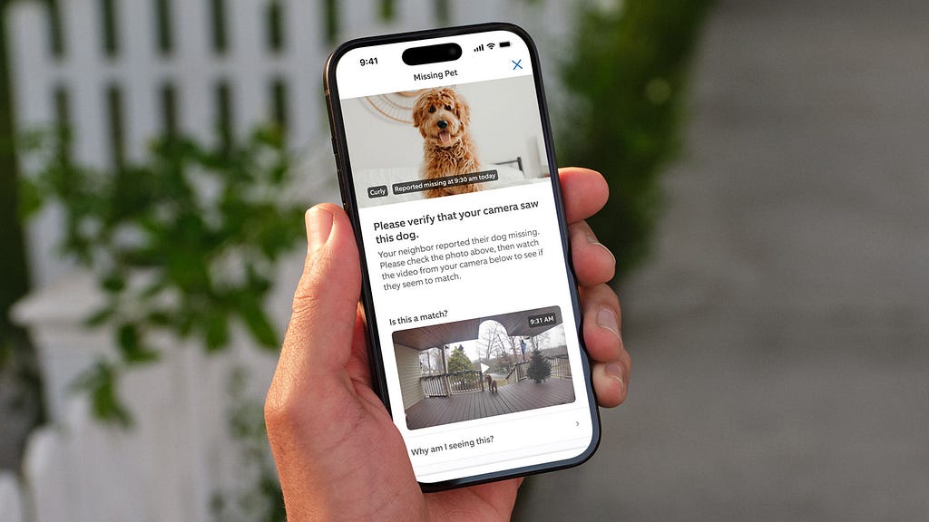 Smartphone screen showing Ring’s Search Party interface asking a user to verify whether their camera footage matches a reported missing dog.