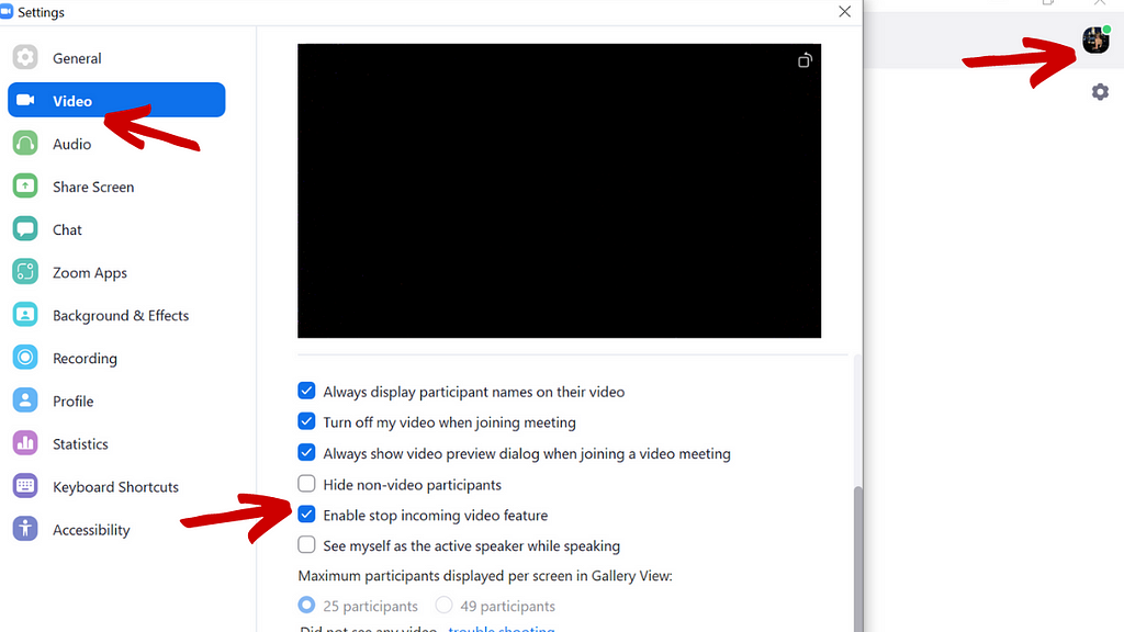 Turn off incoming video on Zoom