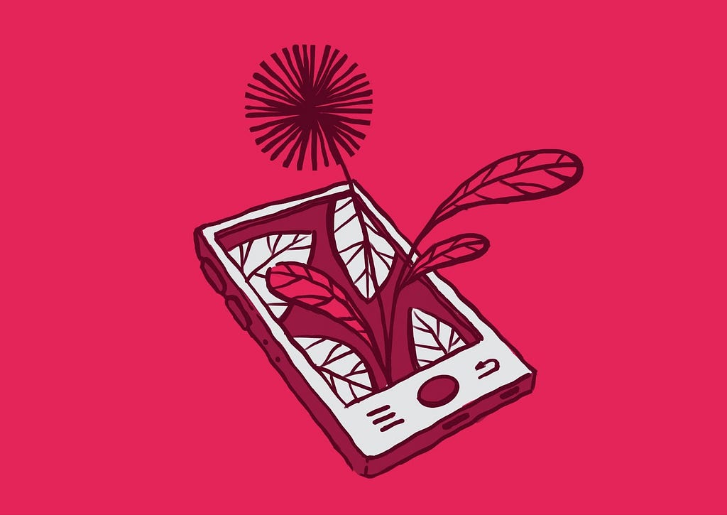 Imagem abstrata de um celular branco com uma flor saindo de dentro dele, por cima de um fundo cor de rosa.