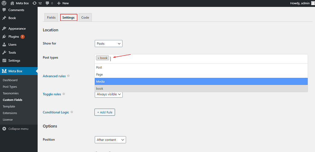 choose Book for the post type of custom field