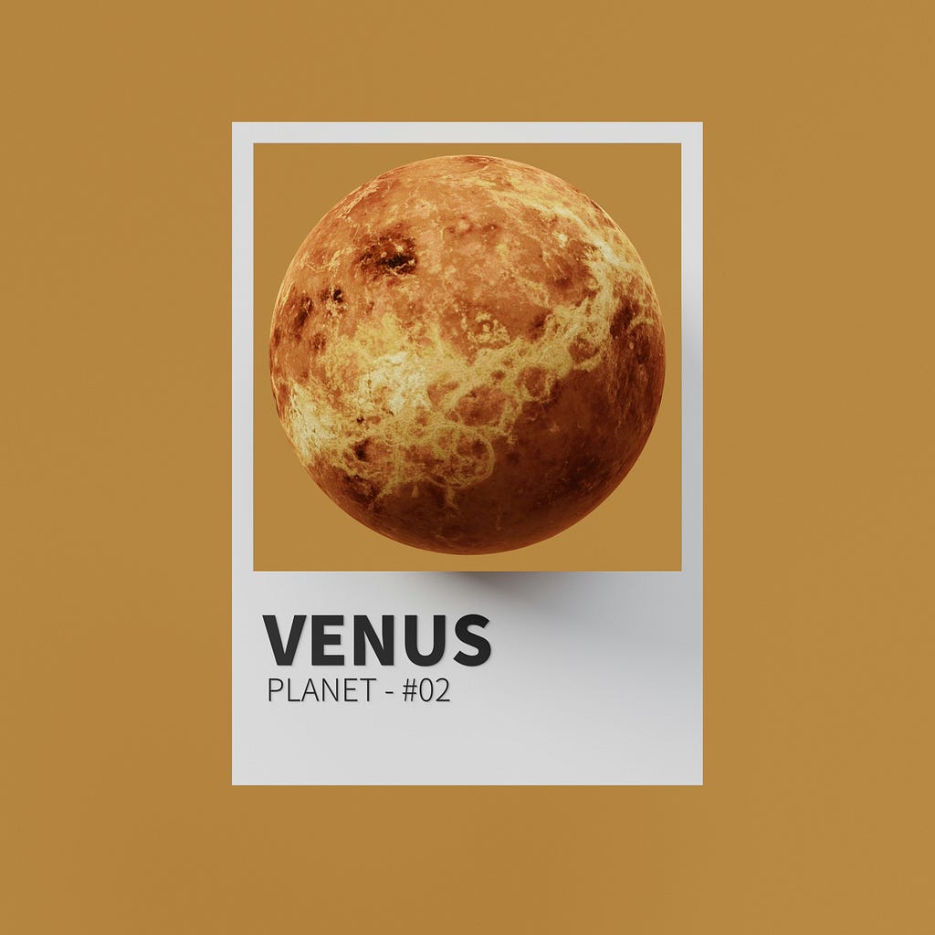 Orange background. A white card which has in the centre the picture of the planet Venus. There is also written in capital letters and bold “Venus”. There is also written a bit smaller “Planet — 2”.