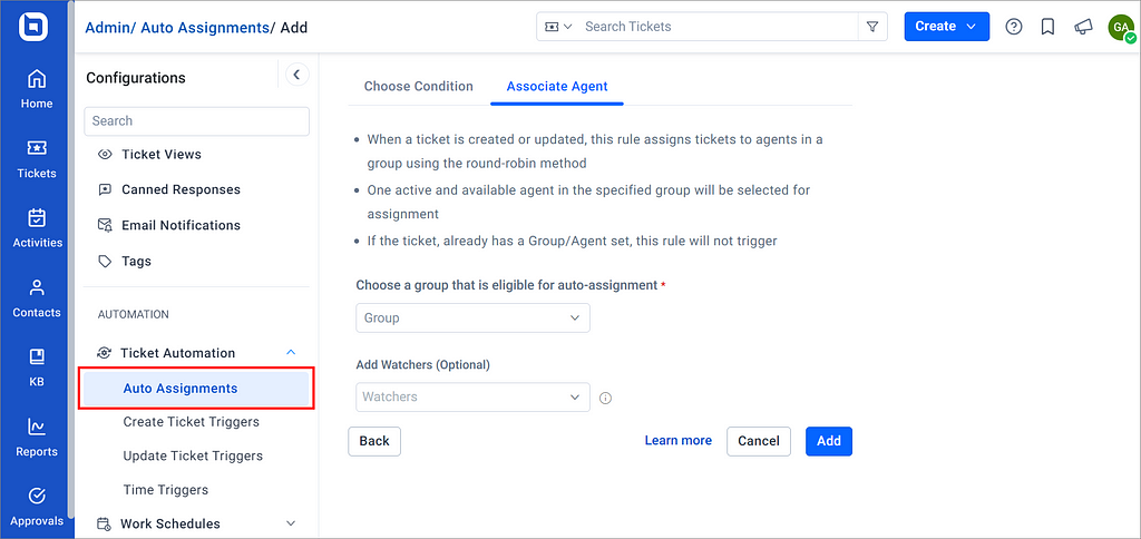 Adding a ticket auto assignment rule in BoldDesk