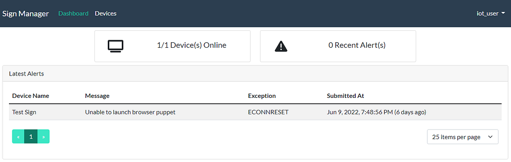 The project’s frontend is shown, with one device online and zero recent alerts. One alert is shown in the table.