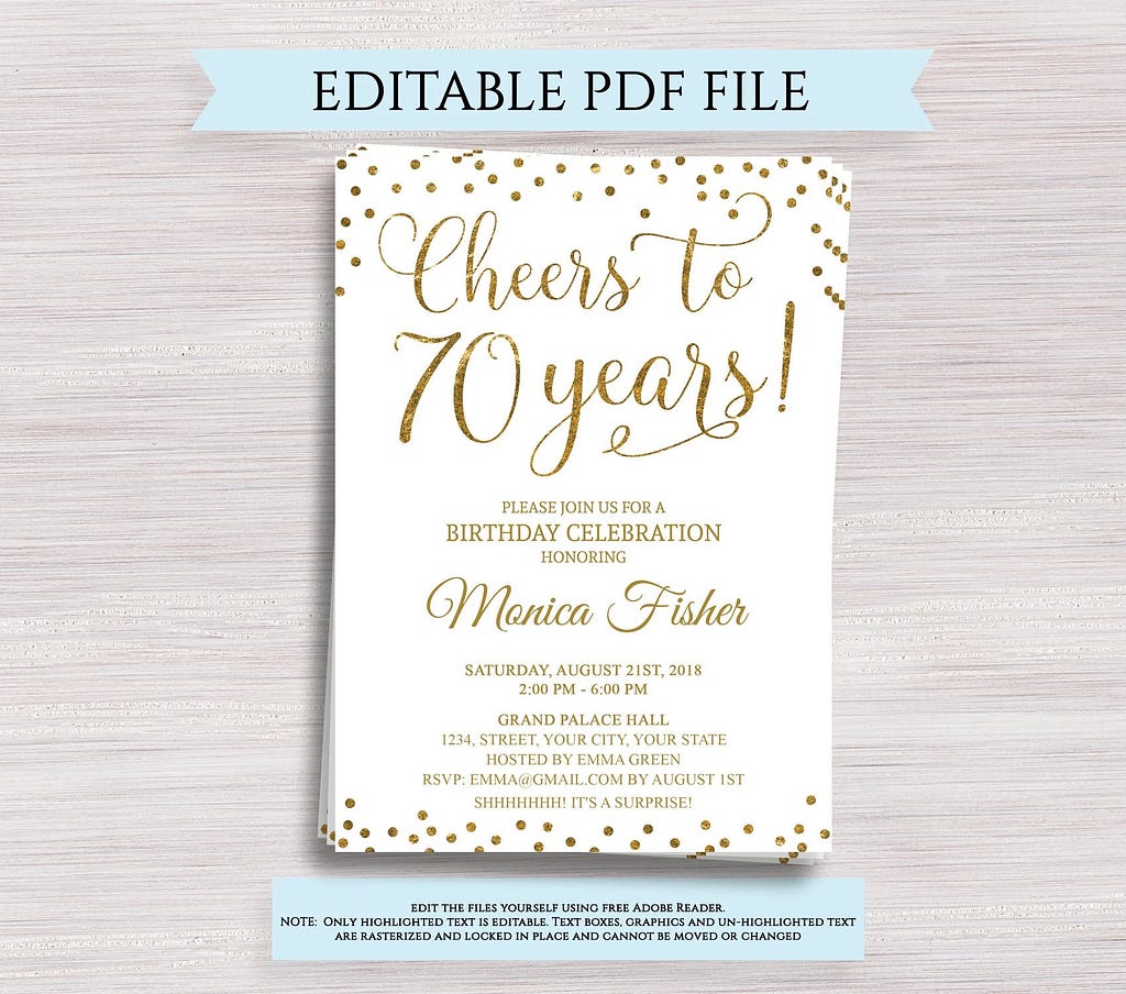 Editable 70th Birthday Party Invitation template Cheers to 70 Etsy