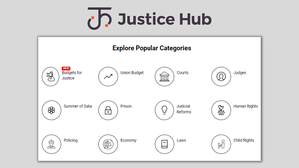 Justice Hub — An open data portal to access datasets and reports around law and justice. The image shows popular categories under which the datasets have been uploaded by members of the Justice Hub.