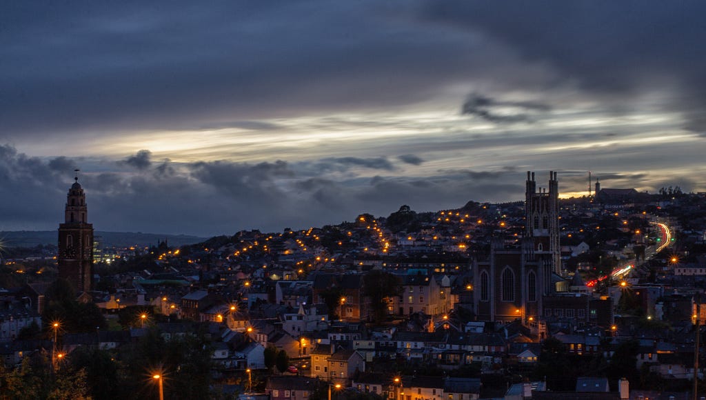 Panoramic view of the city of Cork, Ireland by night