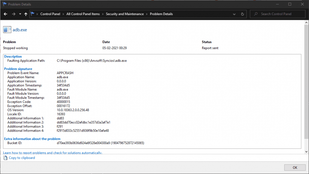 Event details in Reliability Monitor utility