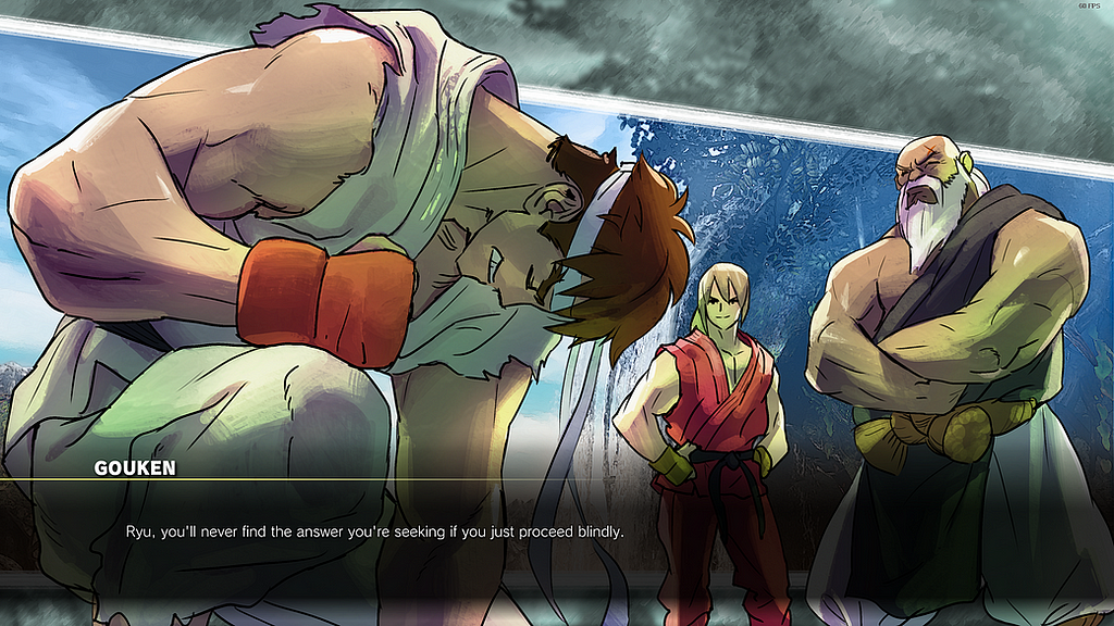 The tutorial of Street Fighter V. Depicts Ryu beaten on one knee as Gouken and Ken look on. Gouken says, “Ryu, you’ll never find the answer you’re seeking if you just proceed blindly.”