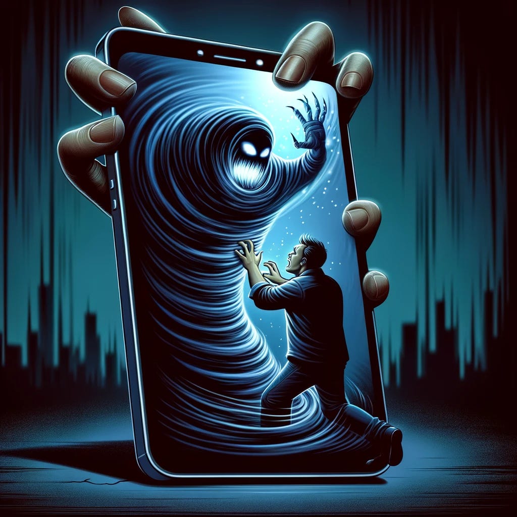 An illustration showing a dark and ominous scene where a man with a concerned expression is being physically pulled into his smartphone by a swirling