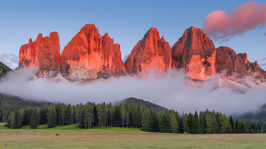 Scenic landscape of the Dolomite Mountains at sunset, with vibrant colors illuminating the peaks.