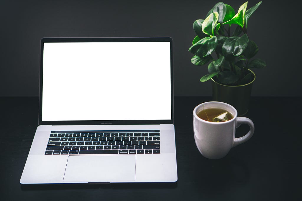 a blank white laptop computer screen next to a cup of tea and a green house plant