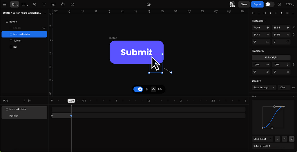 Phase’s interface showing the mouse-pointer’s start and end points in the animation timeline