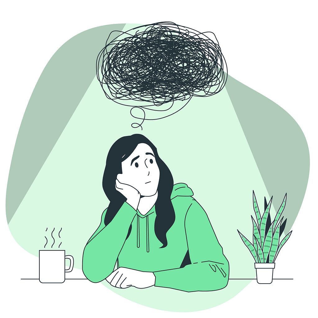 A vector drawing of a woman sitting at a desk, thinking. There’s a thought bubble above her head which is filled with violent scribbles to visualise her negative thoughts.