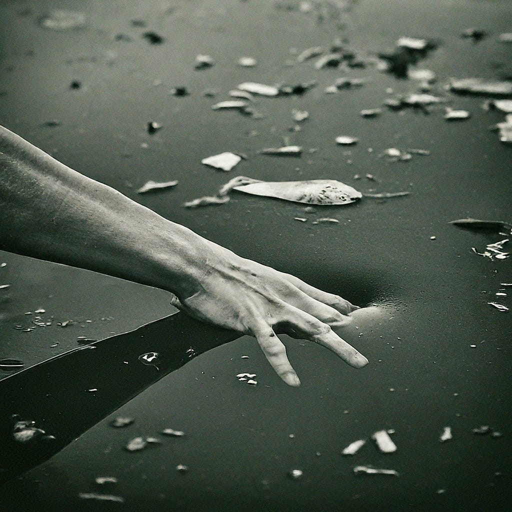 A black and white image of a person’s hand touching the surface of water, causing ripples. Leaves and small debris float on the water, symbolizing the impact of our actions on the environment. The somber mood of the image underscores the seriousness of sustainable practices.