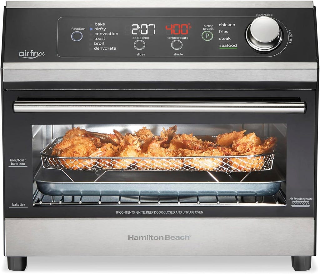 Hamilton Beach Digital Toaster Oven Air Fryer Combo, 10 Ways to Cook, 4 Preset Functions, Stay On  1800 Watts, LED Capacitive-Touch Controls, 2 Rack Positions, Fits 12” Pizza, Black  Stainless Steel