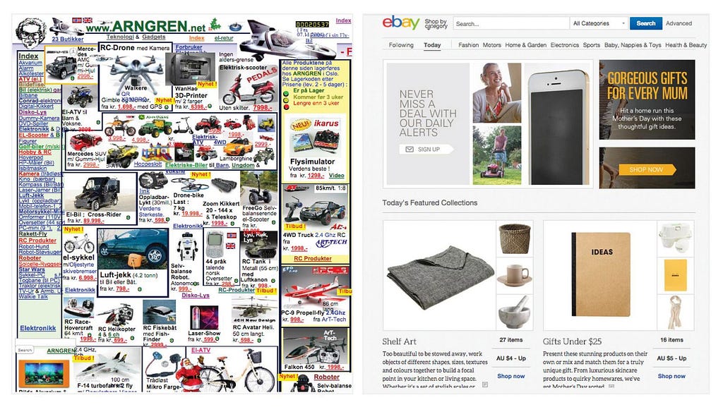 A side-by-side comparison of an extremely cluttered eCommerce website and ebay.
