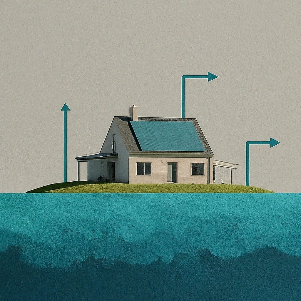 A house on a grassy elevation surrounded by rising water, with upward arrows symbolizing adaptive growth and resilience to climate change.
