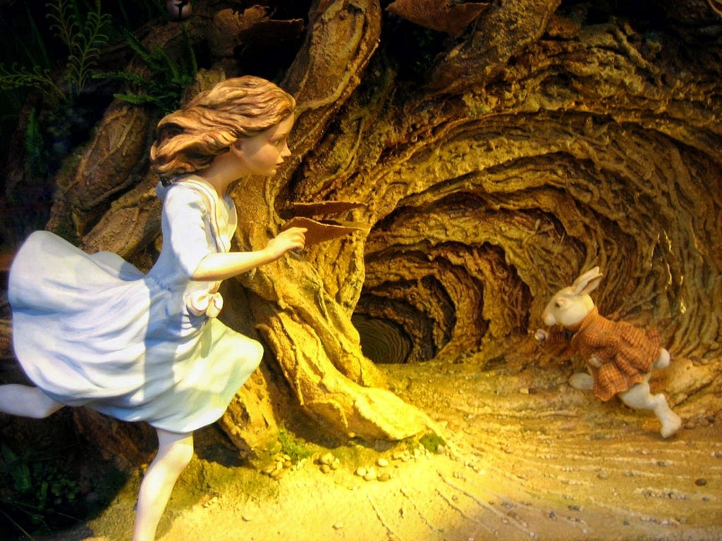 Кролик и Алиса забегают в кроличью нору, тем самым входя в таинственный мир айти.