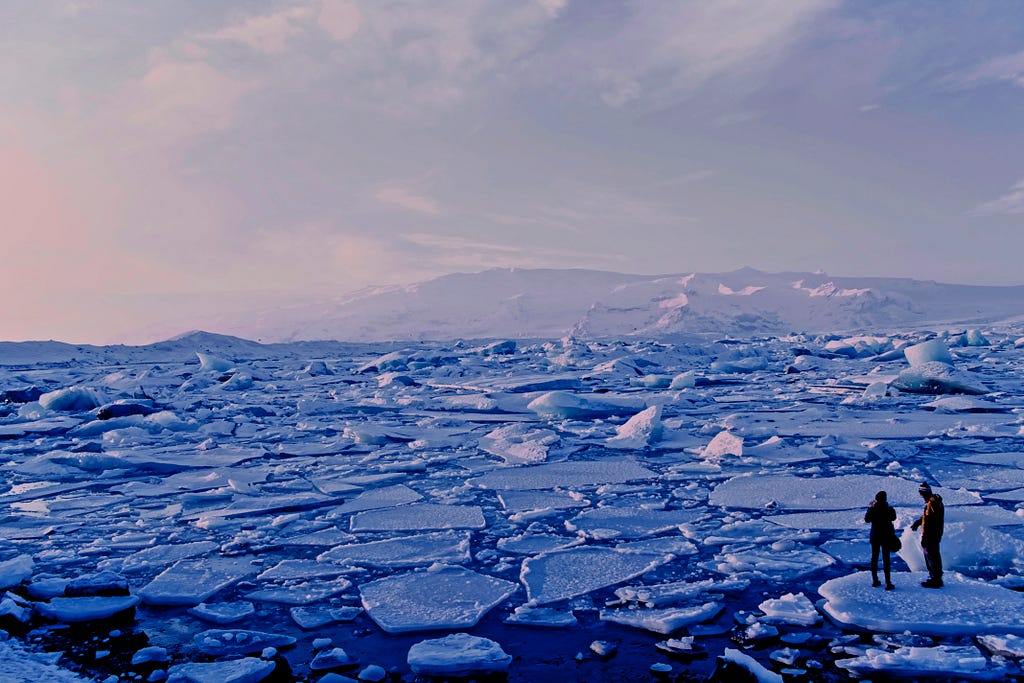 Two people standing on floating ice sheets surrounded by many sheets.