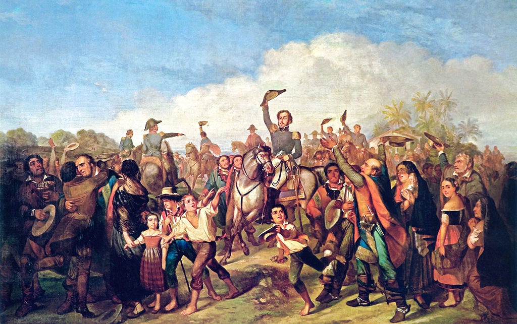 Prince Regent Dom Pedro is surrounded by a crowd in São Paulo after he announced Brazilian independence on 7 September 1822.