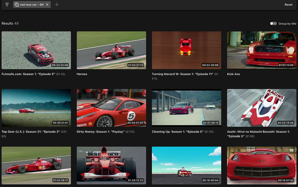 Screenshot from an internal application where user is shown thumbnail preview of “red race car” results from different titles.
