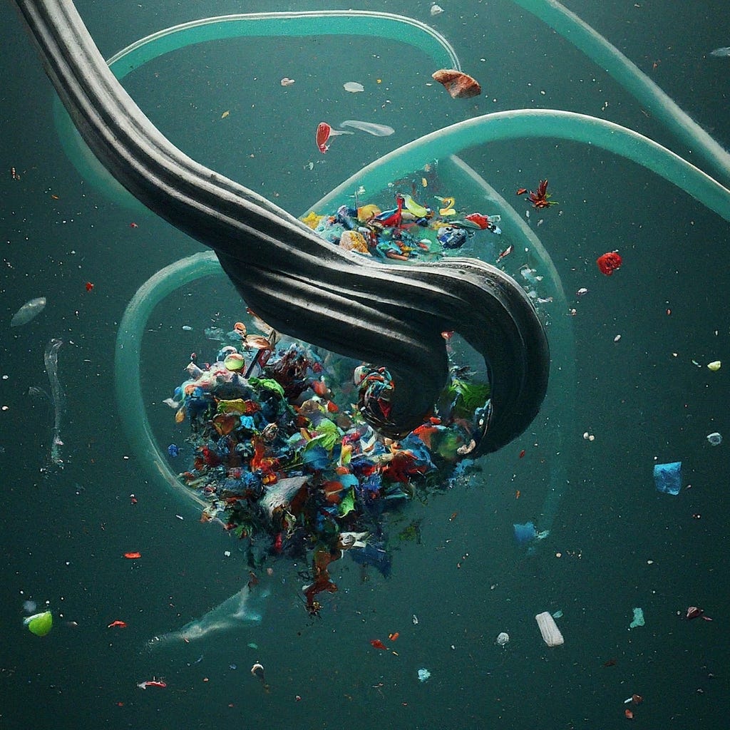 A swirl of dark and light tubes, symbolizing the ocean currents, entraps a colorful mix of plastic waste, illustrating the urgent issue of marine pollution tied to unsustainable plastic use.