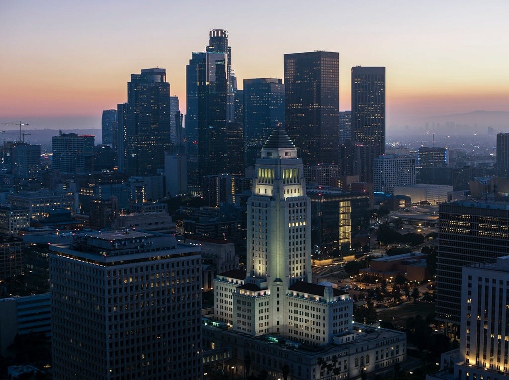 Los Angeles City Hall at sunset in Los Angeles, California. Photo by simonkr/Getty Images