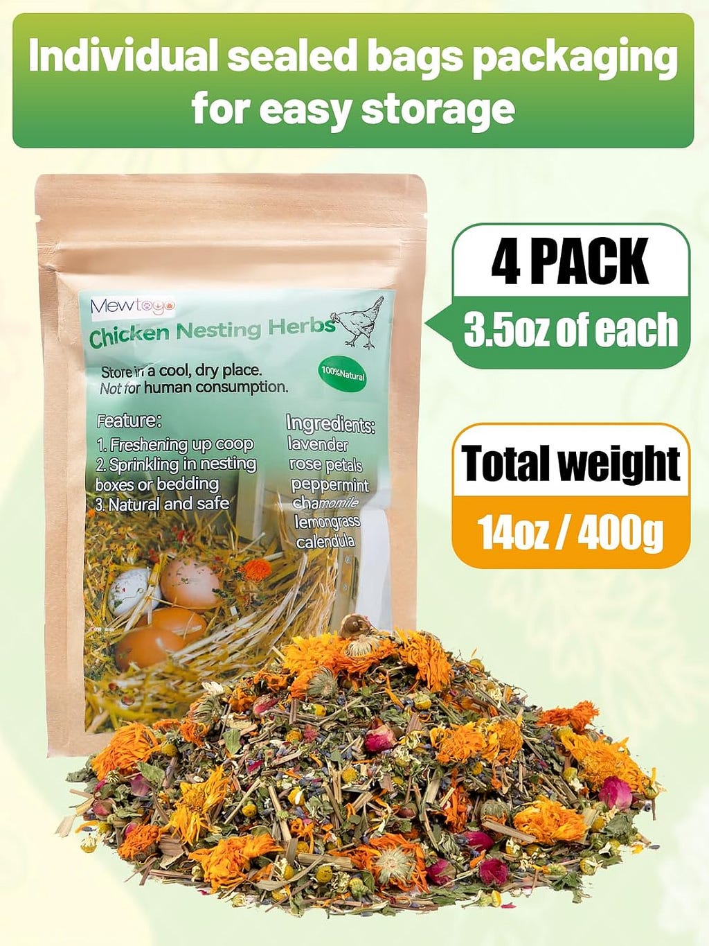 Chicken Nesting Herbs - 14 Oz Natural Nesting Box Herbs in 6 Dried Flower  Herbs for Keeping Coop Fresh and Create Comfortable Environment for Chickens