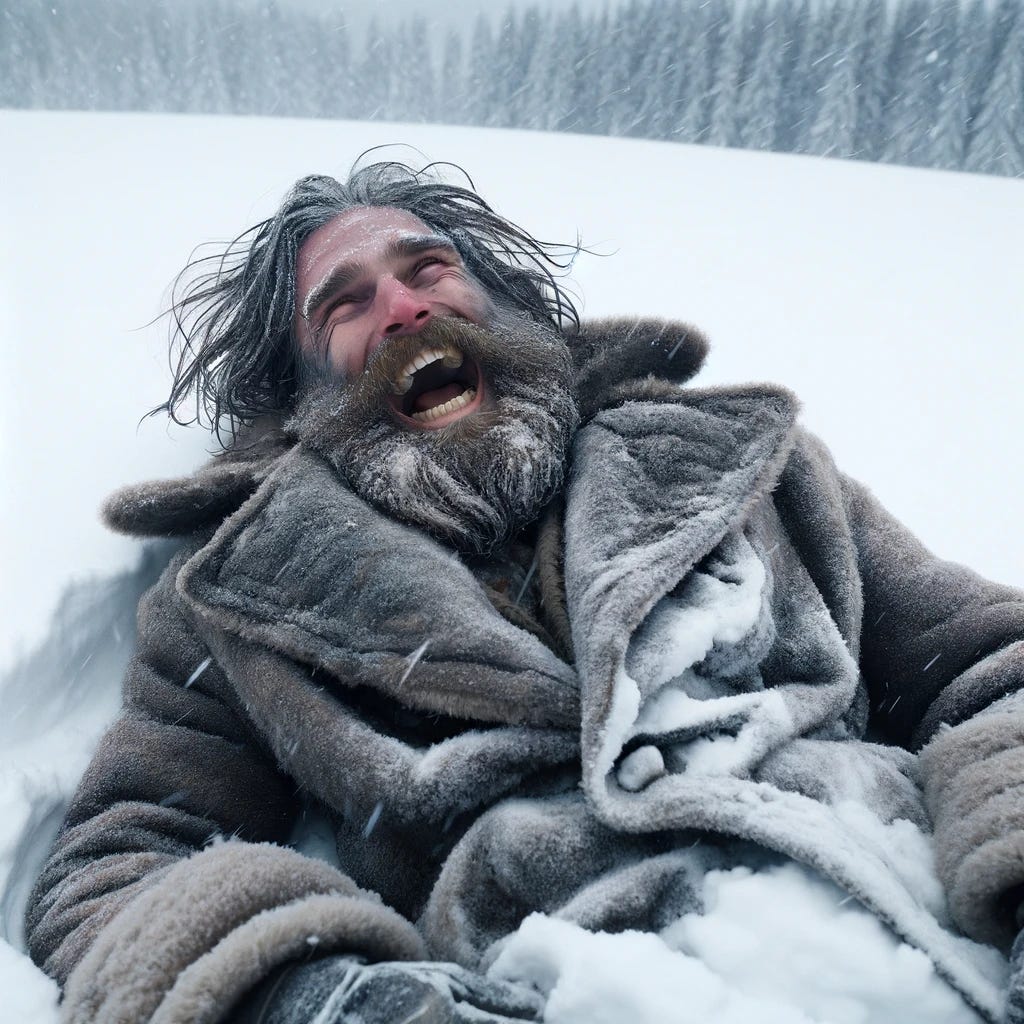 Photo of a dramatic scene where a middle-aged Caucasian man with a thick beard and long hair is lying in the snow, wearing a heavy, open coat and winter clothes. His face is upturned, and despite the grim situation, he has a wide, hysterical laugh on his face, capturing the tragic irony of the moment. The snowy landscape around him is pristine, with snow-covered trees in the background under a grey, overcast sky.