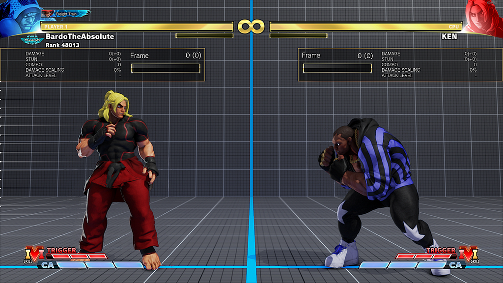 The training mode of Street Fighter V.