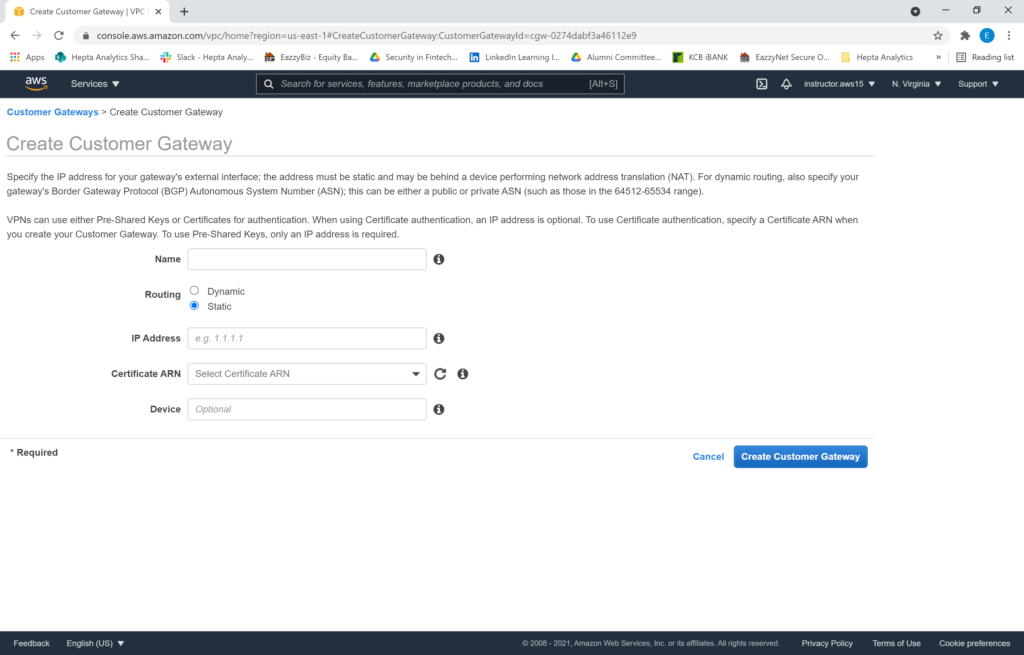 Create customer gateway AWS