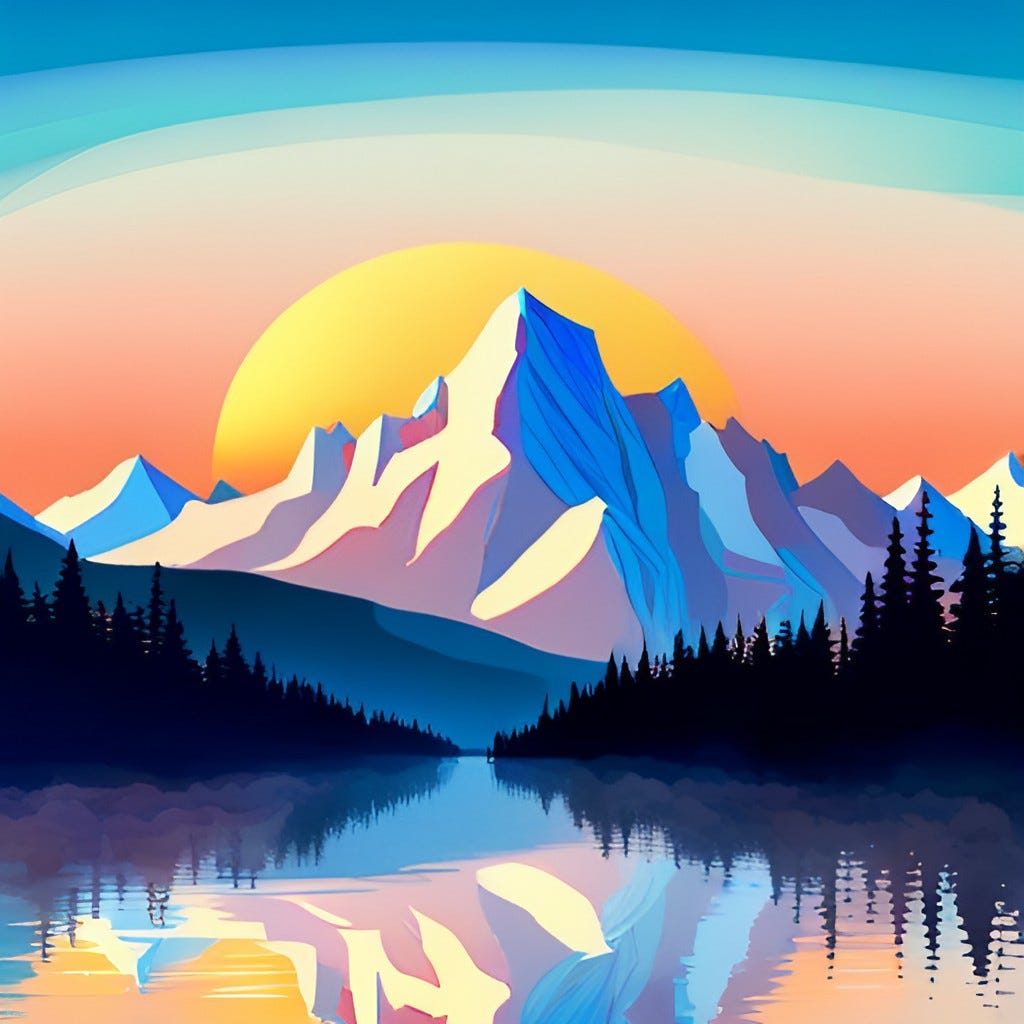 AI-generated stylized painting of a mountain range at sunset.