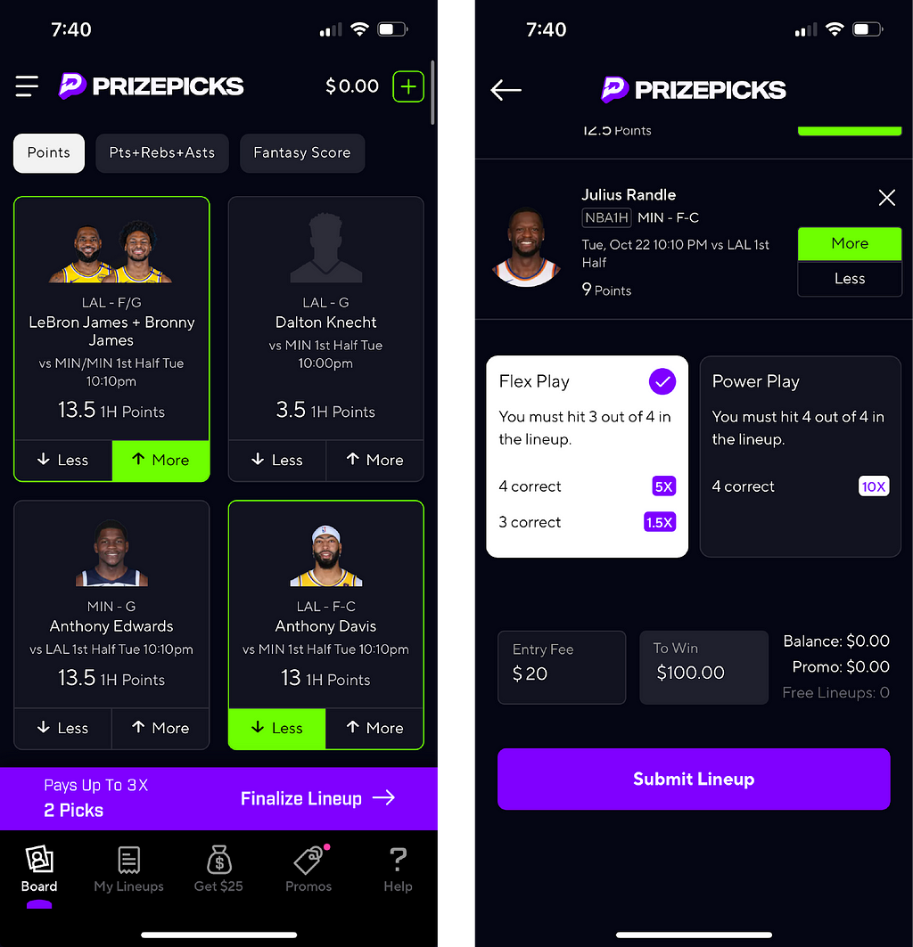 Creating legs of a parlay in the PrizePicks mobile app