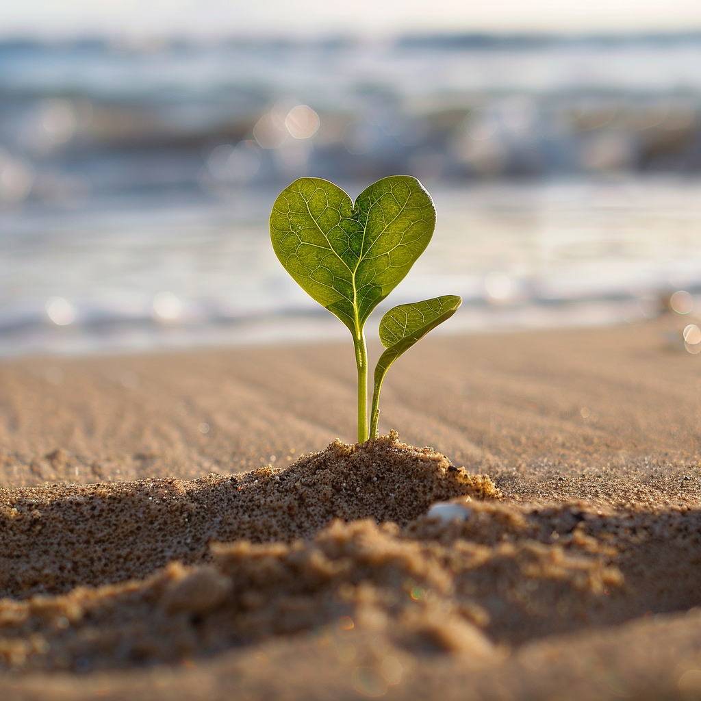 Une petite plante qui grandi seule dans le sable en forme de coeur avec un fond de mer paisible