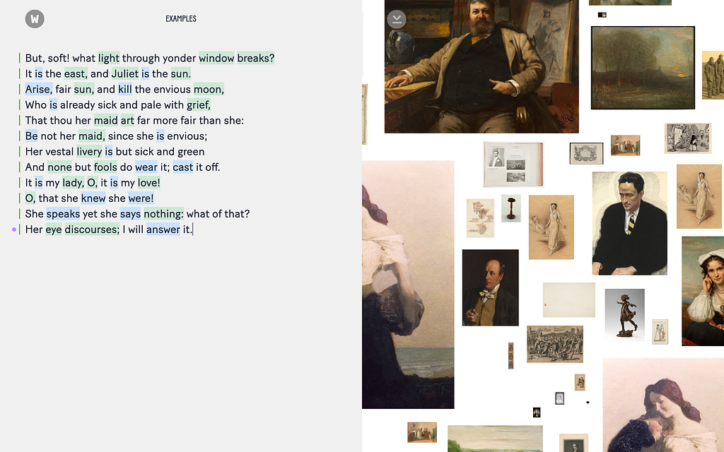 The Writing with Open Access interface is divided in two parts. To the left is two blocks of text with various words highlighted in green and blue. To the right is a collage of images of art and objects drawn from Smithsonian Open Access collections based on the keyword analysis of the text to the left.