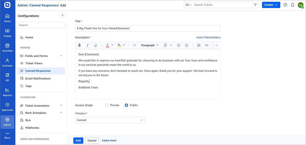 Crafting a canned response for customer service in BoldDesk