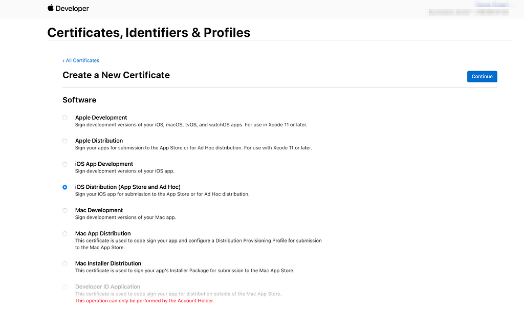 A view of the Apple Developer Portal Create a New Certificate page