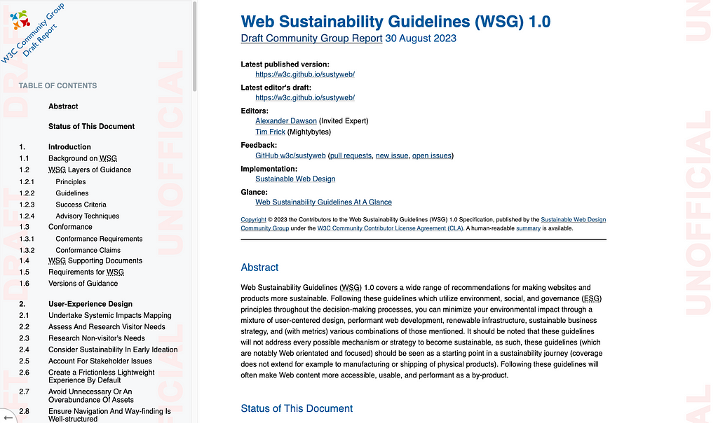 Screen grab showing an example of the Web Sustainability Guidelines (WSG) 1.0, including a Table of Contents, information about the guidelines, and an abstract paragraph.
