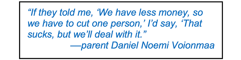 Quote in large type: “If they told me, ‘We have less money, so we have to cut one person,’ I’d say, ‘That sucks, but we’ll deal with it.’” — parent Daniel Noemi Voionmaa.